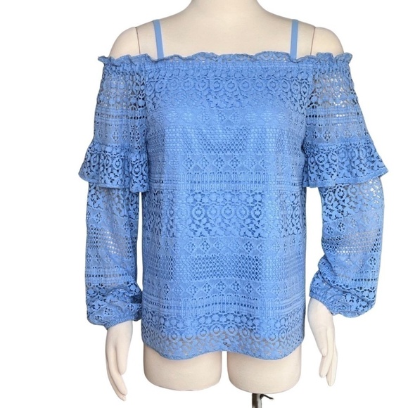Parker Tops - Parker "Jordana" Off Shoulder Boho Style Eyelet Lace Top Powder Blue Size Large